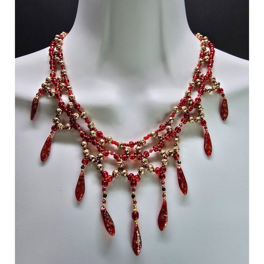 18k Gold Plated Handcrafted Lava Inspired Gold Ruby Garnet Chandelier Necklace